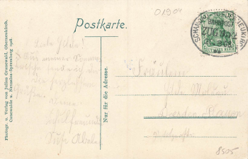 01904 Niederneukirch Lausitz Villa Martha Birkenruhe, Goldelse Art Nouveau postcard Railway post Schandau-Niederneukirch Train 992 1908