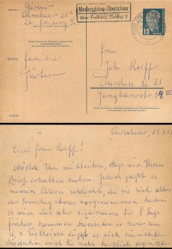 Niederschoena-Oberschaar via Freiberg (Sachs) 2 country postmarks on postal stationary Pieck o 24.3.1952