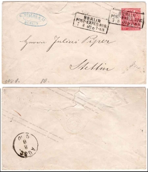 North German postal district 1 groschen postal stationery cover from Berlin August 7th, 1869 to Stettin