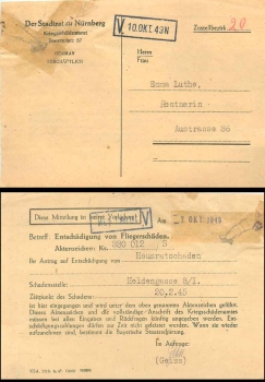 Nuremberg war damage office "Compensation for aircraft damage" 7.10.1949
