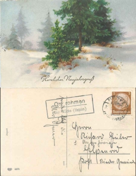 35325 Oberohmen via Muecke (Hessen) country postmark on a New Year's card o around 1937