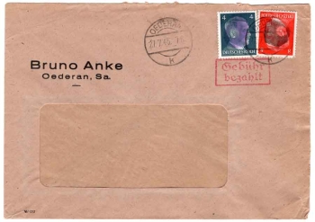 Oederan OPD Chemnitz blackening AP 783 786 red fee paid stamp on cover o 27.7.1945