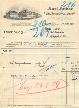 Oehringen Blech-Emballagen-Fabrik Karl Huber Letterhead with factory view 1928