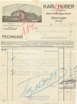 74613 Oehringen Blech-Emballagen-Fabrik Karl Huber Briefkopf 1925