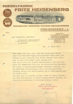 33813 Oerlinghausen furniture factory Fritz Heißenberg letterhead with factory view 1941