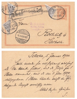 Austria 2 Kreuzer postal stationery with 3 x halved 1 Kreuzer stamp o Bahnpost Dresden Tetschen Zug 442 5.1.1900