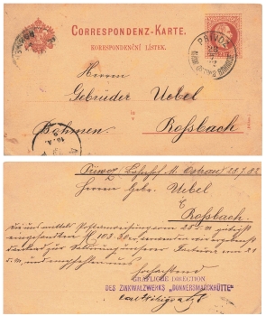 Austria 2 Kreuzer Korrespondencni Listek stationary o Privoz 28.7.1882 to Rossbach in Bohemia