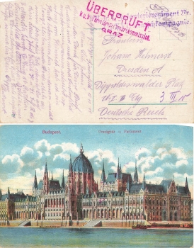 Austria censorship stamp Graz Feldpost K.U.K Infantry Regiment XVI Marching Company o October 15, 1915