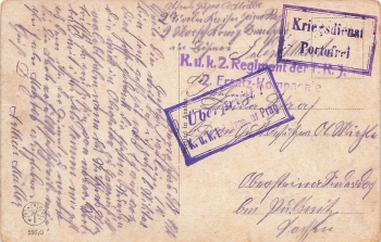 K.u.K. 2nd Regiment of T.K.J. 2nd replacement company censorship stamp Prague military service free postage o July 9, 1916