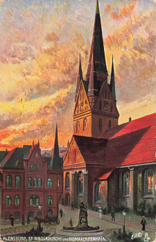 Flensburg St. Nikolaikirche und Bismarckdenkmal Künstlerkarte Tucks Oilette o 1910