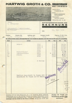06785 Oranienbaum near Dessau Hartwig Groth & Co. Letterhead with factory view 1938