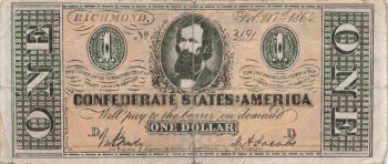 Original 1 Dollar Konföderierte Staaten 1864 Banknote T-71 Bürgerkrieg