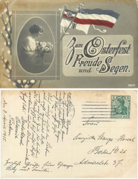WWI, Patriotika woman with a bouquet of roses, Easter, German flag o 3.4.1915