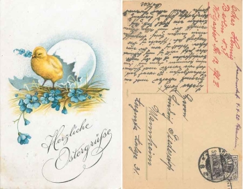 Easter egg with chick flowers o March 30, 1920