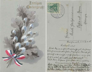 Easter greeting 1st World War Patriotika Willow Kitten o 3.4.1915