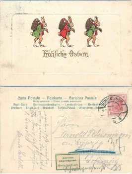 Ostern, 3 Hasen mit Ostereierkörben, Prägekarte o ca. 1910