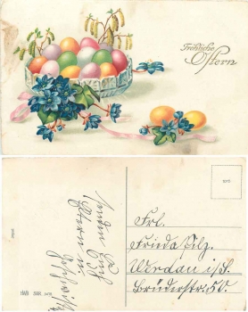 Ostereier Blumen Schriftart goldfarben gebr. ca. 1920