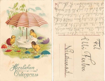 Osterküken an einer Kaffeetafel *gebr. ca.1920