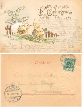 Easter, hatching chicks lilies of the valley gold cut embossing card o April 14th, 1900