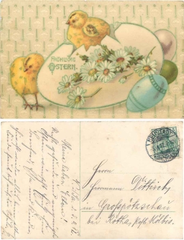 Osterküken mit Osterei Glückwunschkarte o 5.4.1912