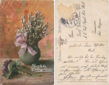 Easter "spring messengers" pussy willow artist card A Giesler o ca. 1912