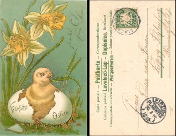 Ostern Goldschnitt Prägelitho Kücken o 30.3.02