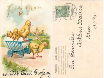 Ostern Kükenkutsche Schmetterling Prägekarte o 2.4.1904