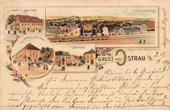 04749 Ostrau Litho Bahnhof Gasthof o 1894