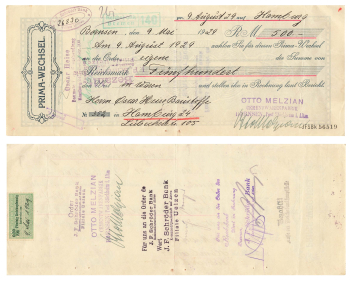 PRIMA EXCHANGE over 500 Reichsmark Schöder Bank Uelzen Cementwarenfabrik Melzian Bornsen 1929