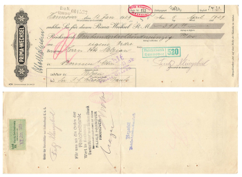 PRIMA EXCHANGE for 398.70 Reichsmark Schöder Bank Uelzen Cementwarenfabrik Melzian Bornsen 1929