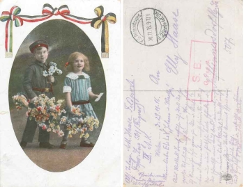 Patriotika children with flowers Field postmark G. Fsp. A (telephone train 501) o 11/30/1916