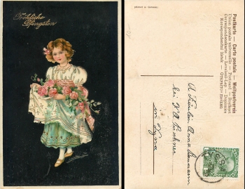Pentecost girl with flowers gold cut lithograph o 24.5.1909