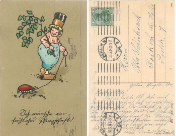 Pfingsten Kind mit Maikäfer an der Leine Künstlerkarte o 30.5.1914