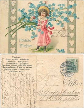 Pentecost girl with flowers hearts embossed card o 28.5.1909