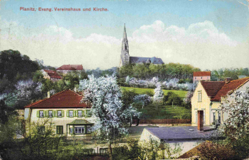Planitz Zwickau Sachsen Evang. Vereinshaus und Kirche 1936