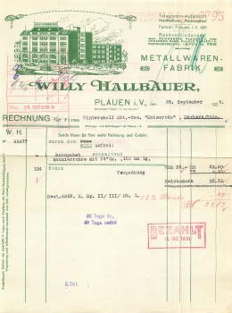 Plauen Vogtl. Metallwaren Fabrik Willy Hallbauer Briefkopf 1936