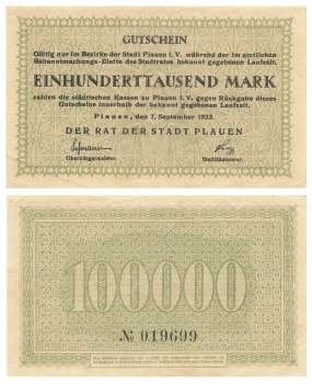 Plauen Vogtland Einhunderttausend Mark Gutschein 7. September 1923 Notgeld