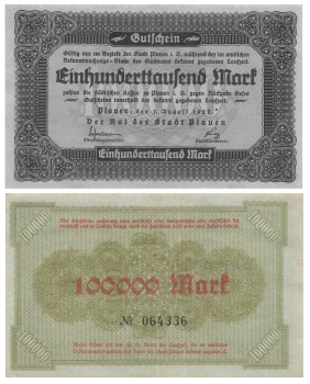 Plauen Vogtland Einhunderttausend Mark Gutschein 1. August 1923 Notgeld