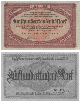 Plauen Vogtland Five hundred thousand marks voucher August 1, 1923 emergency money