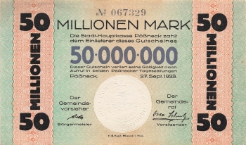 Pössneck 50 Millionen Mark Gutschein 1923 Notgeld