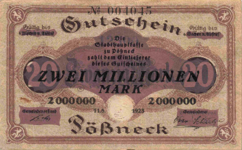 Pößneck Thüringen Notgeldschein 2 Millionen Markt 1923