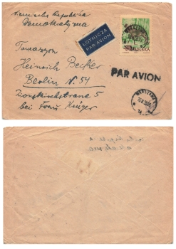 Poland 60 Gr Elk single franking on airmail letter PAR AVION o Warszawa 16.2.1955 to Berlin