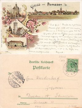 04668 Pomssen Gasthof zum weisen Schwan Litho o 21.8.1898