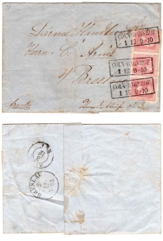 Prussia Mi.Nr.10 1 silver penny strip of three on cover from Cologne train station 1.12. to Wroclaw