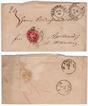 Prussia 1 silver groschen on cover from Magdeburg June 21, 1866 to Apollensdorf near Wittenberg