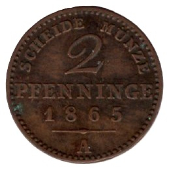Prussia 2 Pfennig 1865 A Wilhelm I