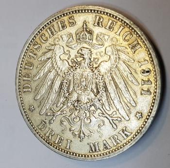 3 Mark PREUSSEN 1911 Wilhelm II vz+
