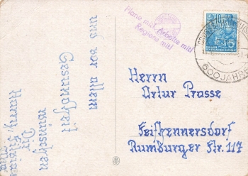 Propagandastempel Plane mit Arbeite mit Regiere mit 1954 auf Blumenkarte