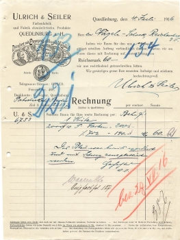 06484 Quedlinburg Farbenfabrik Ulrich & Seiler Briefkopf 1916