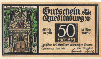 Quedlinburg Notgeldschein 50 Pfennig 1921